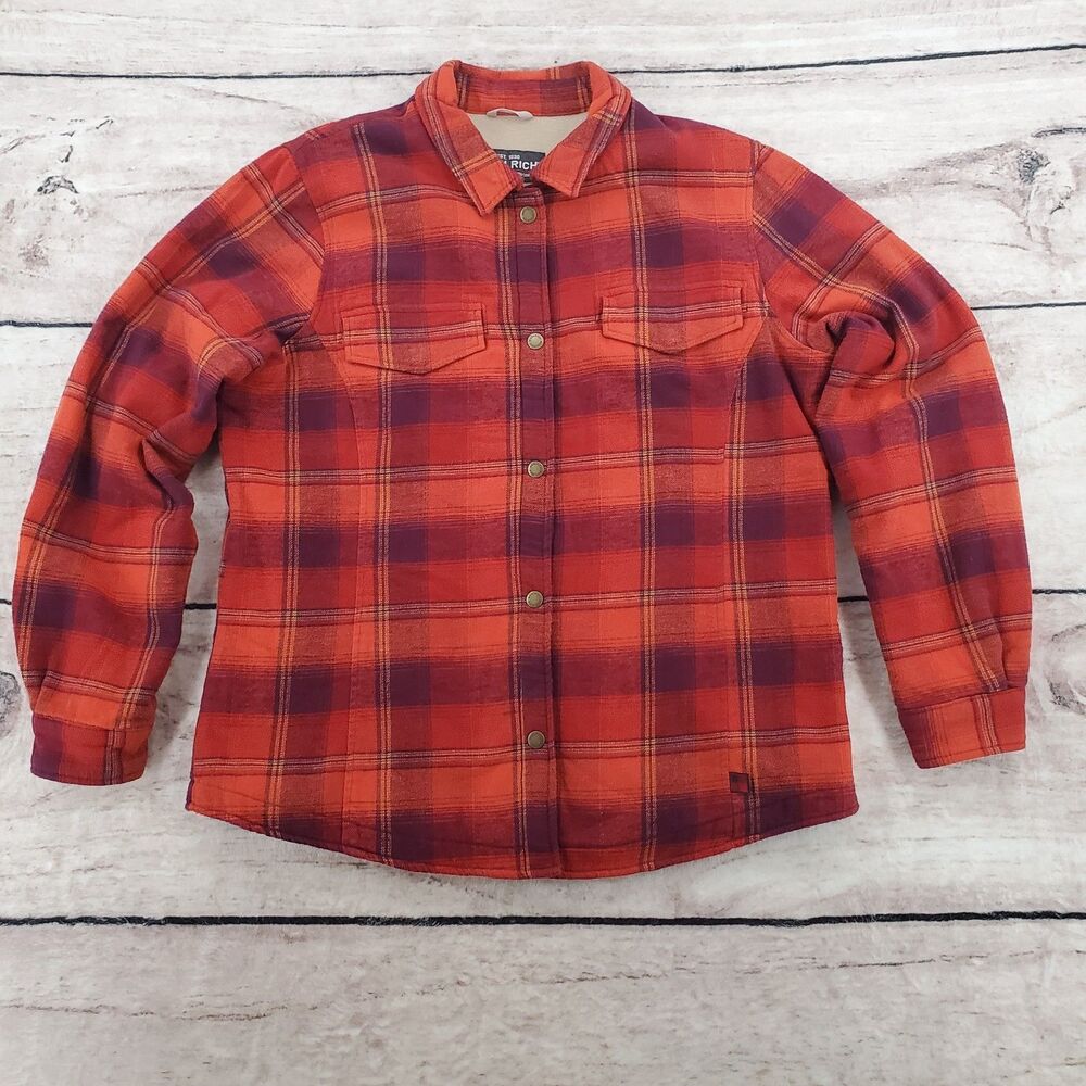 Woolrich Womens Large Orange Plaid Fleece Lined Shirt Jacket Snap Autumn Outdoor
